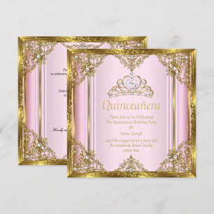 Convite Rosa Dourado Pérola Branca Princesa Quinceanera 3
