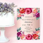 Convite Rosa dourado pincel rosa púrpura aniversário flora<br><div class="desc">Um cartão de convite elegante para uma festa de aniversário 50ª (ou qualquer idade). Com flores rosadas contemporâneas,  cor-de-rosa,  púrpura e rosa douradas,  florais como decoração. Um fundo de gradiente rosa dourado chic. O nome é escrito com um script de estilo escrito à mão em preto.</div>