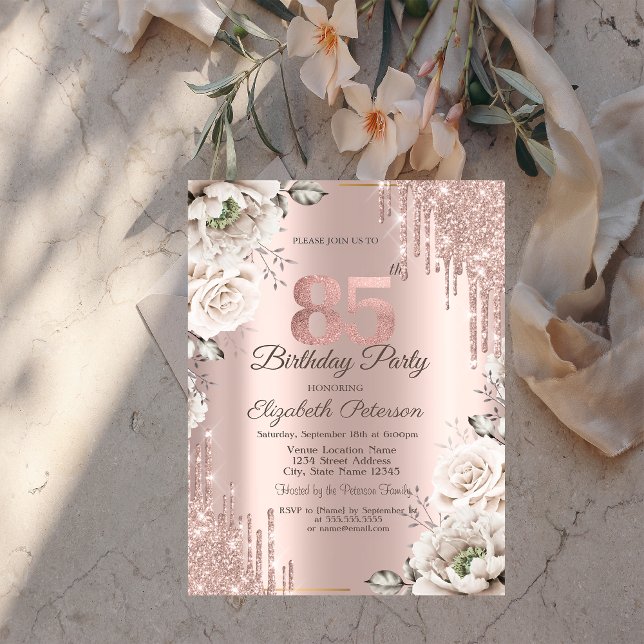Convite Rosa Dourado, Pingos de Brilho, Flores Brancas 85º (Criador carregado)