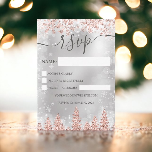 Convite Rosa dourado pinheiro marinho de pinheiro de Natal (Rose gold snow pine navy Christmas winter rsvp Invitation)