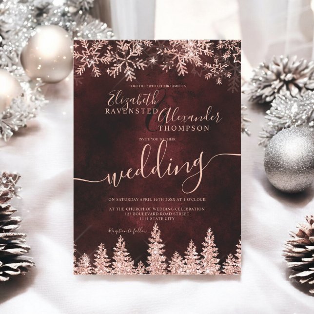 Convite Rosa dourado pinheiro vermelho casamento no invern (Rose gold snow pine red Christmas winter wedding Invitation)