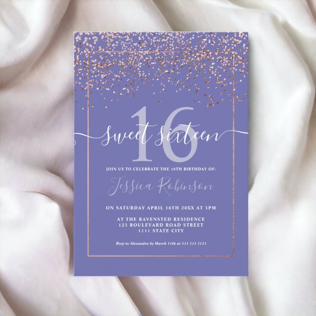 Convite Rosa dourado-preto-branco-roxo Docinho 16 (Girly rose gold confetti purple blue chic Sweet 16 Invitation)