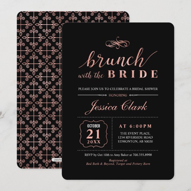 Convite Rosa Dourado & Preto | Brunch Nupcial de Noiva Ele (Frente/Verso)