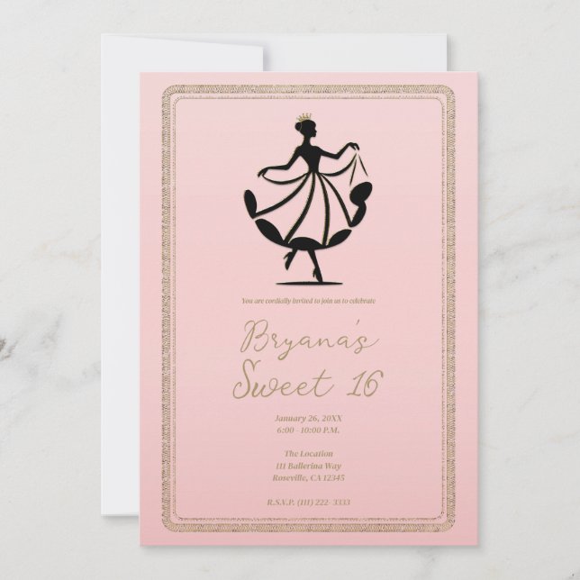 Convite Rosa Dourado Preto Valalsa Princesa Dançante Festa (Frente)