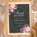 Convite Rosa dourado quadro cor-de-água floral cor-de-rosa<br><div class="desc">Carateres geométricos de rosa dourado e tipografia de confete com brilho Doce 16 anos com galhos de folha de cor floral de primavera suave pintados manualmente,  cor d'água,  rosa,  laranja,  flores de lavanda roxa amarela em fundo escuro,  perfeito para primavera e festa de aniversário de verão.</div>
