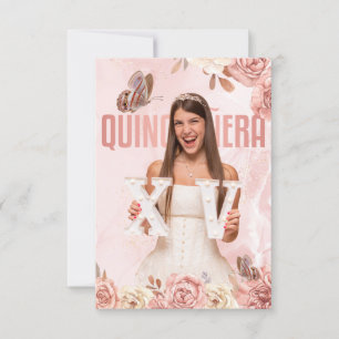Convite Rosa Dourado Quinceanera Floral Princesa Borboleta