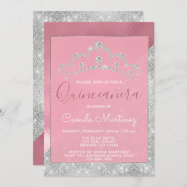 Convite Rosa Dourado - Quinceanera Rosa e Silver Sparkle (Frente/Verso)