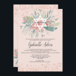 Convite Rosa dourado-relva floral hebraico Bat Mitzvah<br><div class="desc">Elegante buquê floral cor-de-rosa e verde-claro com uma estrela branca editável de David com o nome hebraico Bat Mitzvah e um confete brilhante de ouro rosa. Um convite simples e chique.</div>