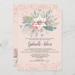 Convite Rosa dourado-relva floral hebraico Bat Mitzvah<br><div class="desc">Elegante buquê floral cor-de-rosa e verde-claro com uma estrela branca editável de David com o nome hebraico Bat Mitzvah e um confete brilhante de ouro rosa. Um convite simples e chique.</div>