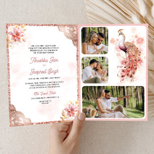 Convite Rosa Dourado Renda Floral Índio Pavão Casamento