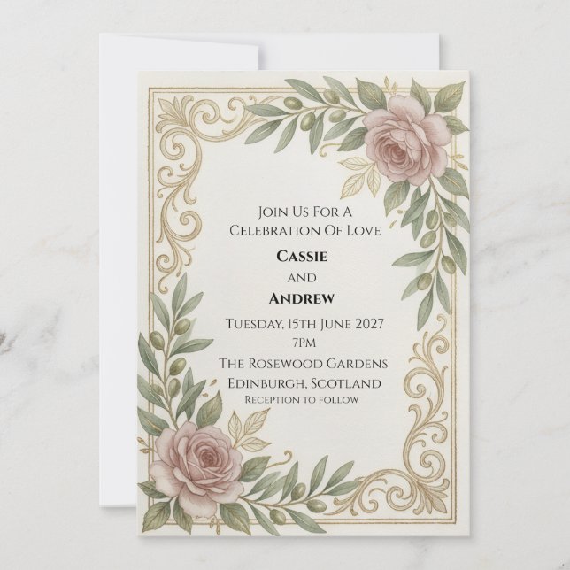 Convite Rosa Dourado Rolo Casamento (Frente)