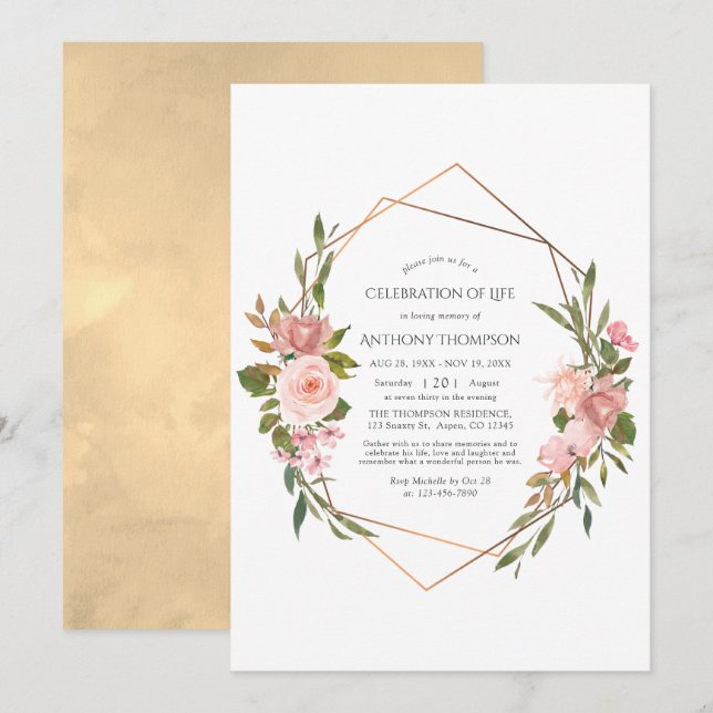 Convite Rosa Dourado & Rosa Bege Floral Celebração da Vida (Frente/Verso)