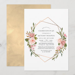 Convite Rosa Dourado & Rosa Bege Floral Celebração da Vida