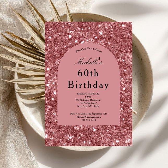 Convite Rosa Dourado Rosa Brilho Glam Bling 60º Aniversári (Rose Gold Pink Glitter 60th Birthday invitation for her. Glam Bling Sparkle. Printed or Digital)