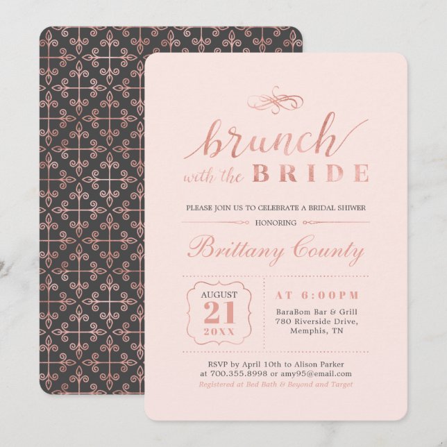 Convite Rosa Dourado & Rosa | Brunch de Casamento de Noiva (Frente/Verso)