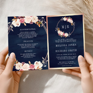Convite Rosa Dourado Rosa Floral Código QR Casamento Azul-