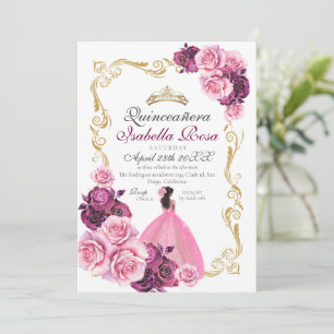 Convite Rosa Dourado Rosa Floral Quinceanera XV Anos