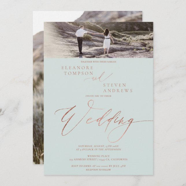 Convite Rosa dourado roteiro elegante 2 fotos casamento (Frente/Verso)