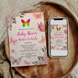 Convite Rosa dourado roxo menina borboleta elegante aniver