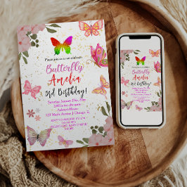 Convite Rosa dourado roxo menina da borboleta elegante ani
