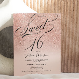 Convite Rosa dourado - script chic ombre rosa Sweet 16