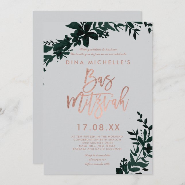 Convite Rosa dourado script Floral verde cinza bas mitzvah (Frente/Verso)