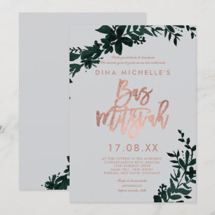 Convite Rosa dourado script Floral verde cinza bas mitzvah