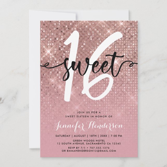 Convite Rosa Dourado Shimmer Doce Dezesseis Festas de aniv (Frente)