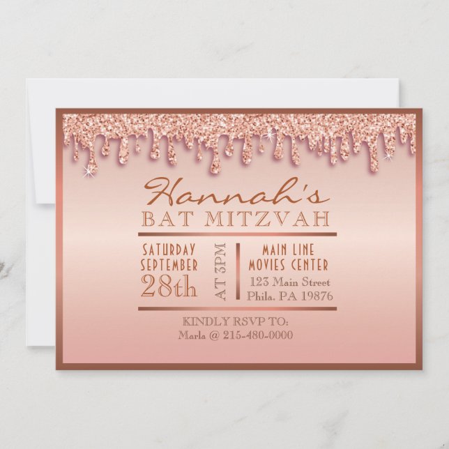 Convite Rosa Dourado Sparkle Drive Bat Mitzvah Convidar (Frente)