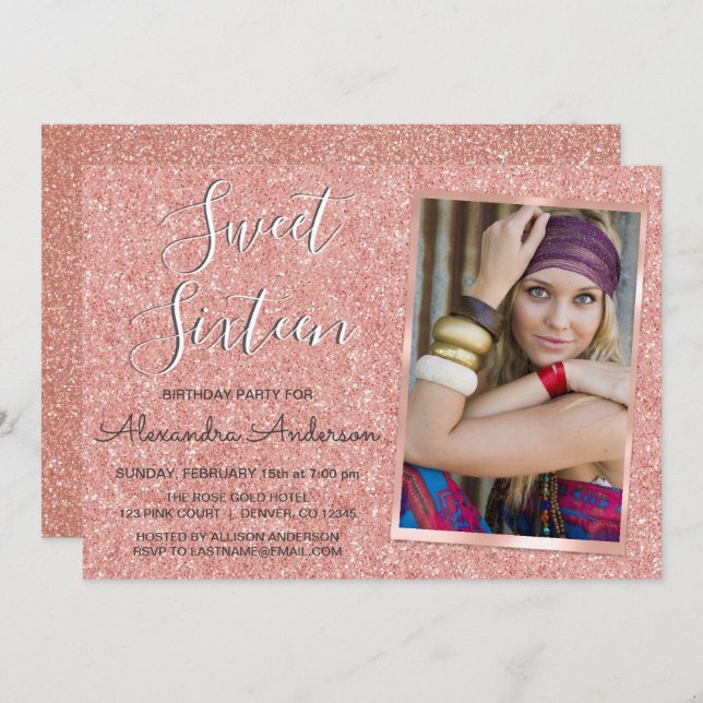 Convite Rosa Dourado Sparkle Glitter Doce Dezesseis Aniver (Frente/Verso)