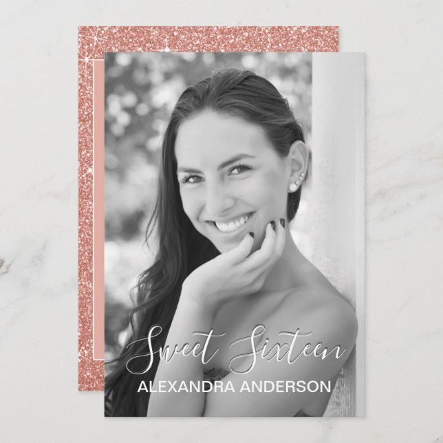 Convite Rosa Dourado Sparkle Glitter Doce Dezesseis Aniver (Frente/Verso)