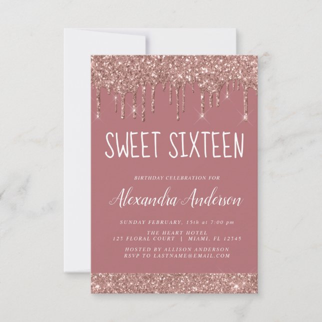 Convite Rosa Dourado Sparkle Glitter Doce Dezesseis Aniver (Frente)