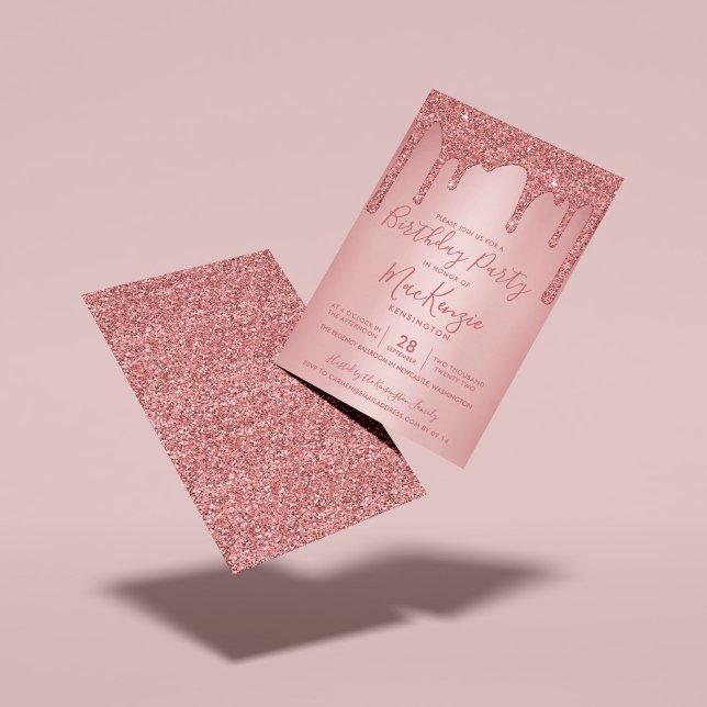 Convite Rosa Dourado Sparkle Glitter Drives A Qualquer Ano (Rose Gold Dripping Glitter Birthday Party Invitations)