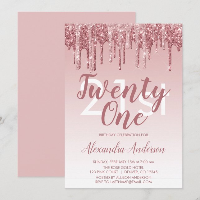 Convite Rosa Dourado Sparkle Glitter Party (Frente/Verso)