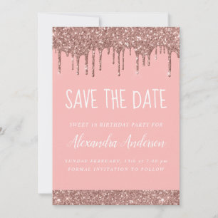 Convite Rosa Dourado Sparkle Glitter Sweet 16 Salve a data