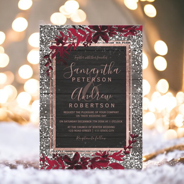 Convite Rosa dourado tipografia folha vermelha madeira de  (Rose gold typography red leaf snow wood wedding invitation)