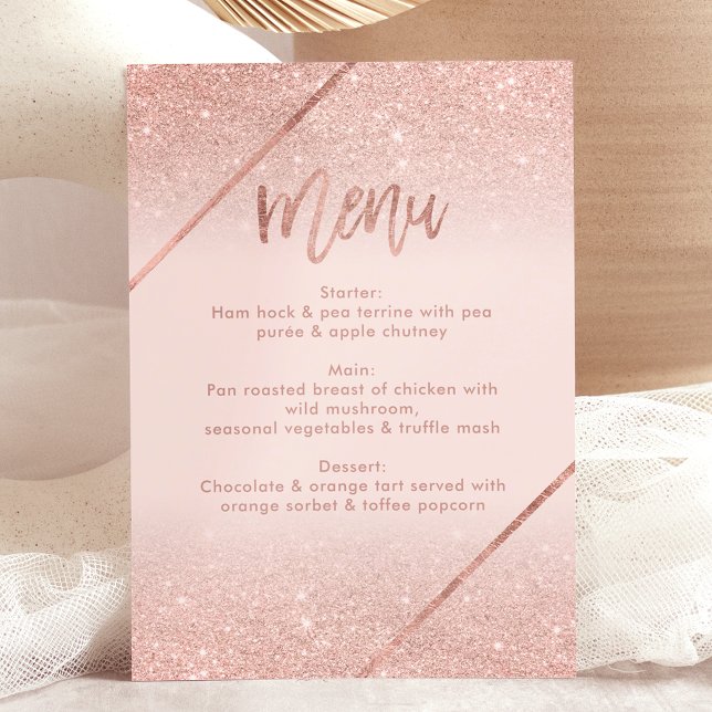 Convite Rosa dourado- tipografia pincelada- pincel menu ro (Rose gold glitter typography blush pink menu invitation)