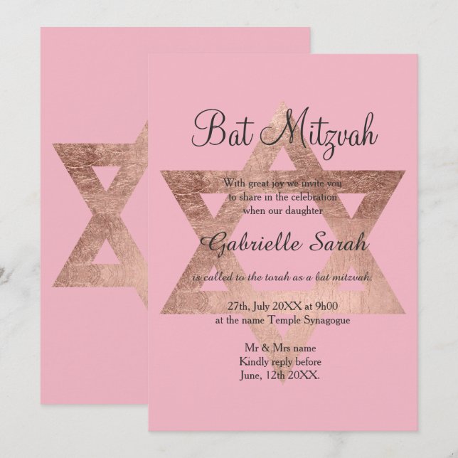 Convite Rosa dourado tipografia rosa Bat Mitzvah (Frente/Verso)