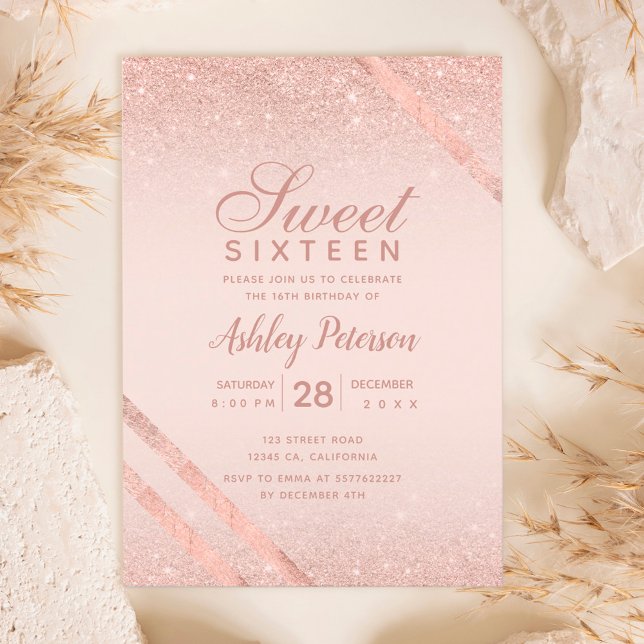 Convite Rosa dourado tipografia stripe blush Sweet 16 (Criador carregado)