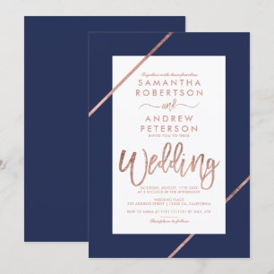 Convite Rosa dourado tipografia stripes marinho casamento