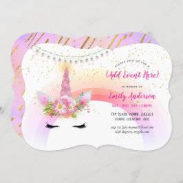 Convite Rosa Dourado Unicorn Face Invoca qualquer evento