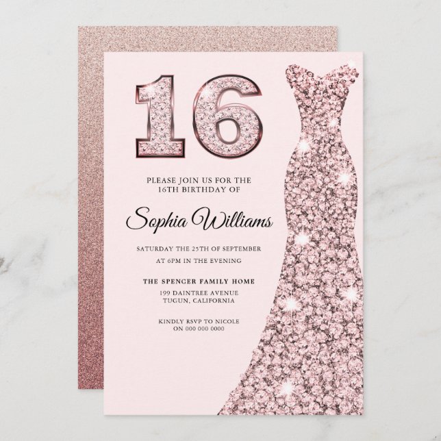 Convite Rosa Dourado Vestido Azul 16º Aniversário Doce 16 (Frente/Verso)