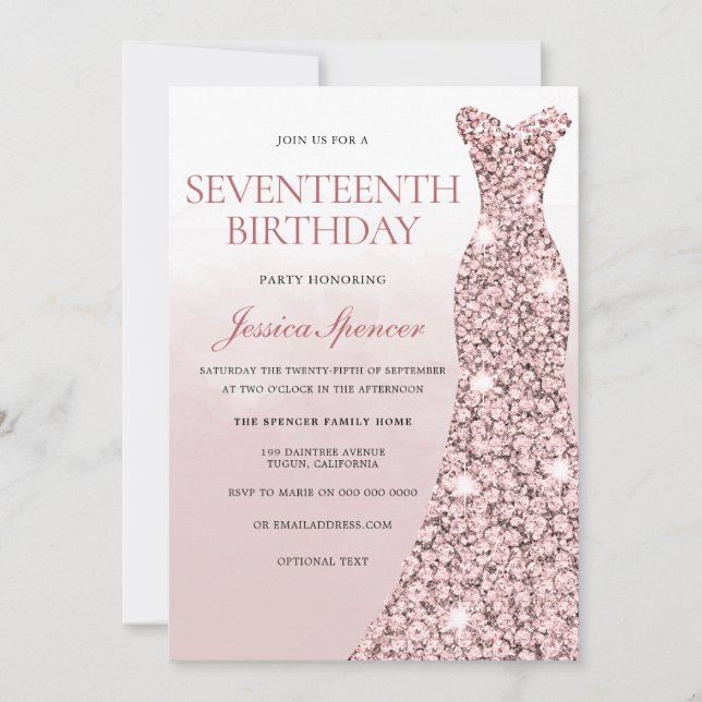 Convite Rosa Dourado Vestido Meninas Rosa 17ª Festa de ani (Frente)