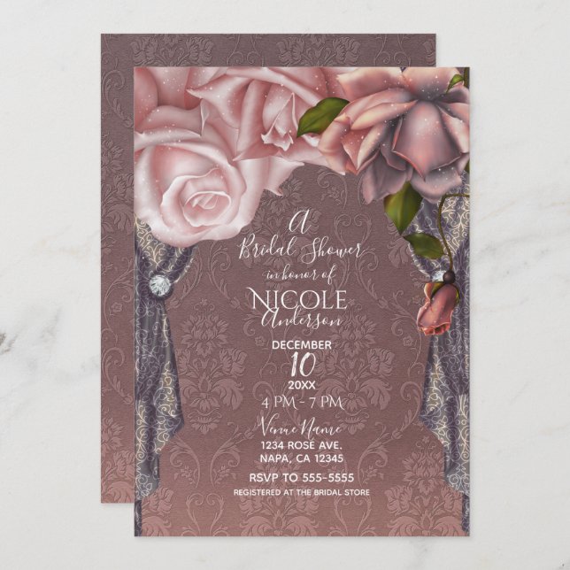 Convite Rosa Dusty rosca rosca rosa Chá de panela de vinhe (Frente/Verso)