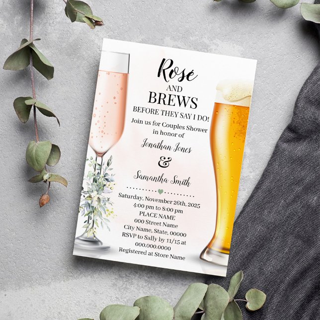 Convite Rosa e Brews Casais Casando Eucalyptus Greenery (Rose and Brews Before They say I do, Couples Shower Invitation)