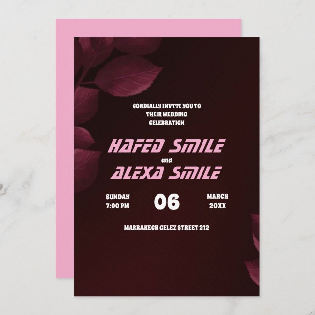 Convite Rosa e Casamento de design floral Elegante (Frente/Verso)