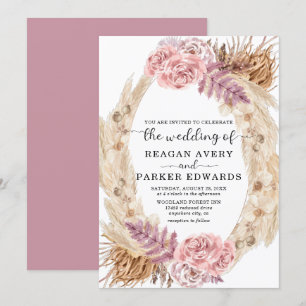 Convite Rosa e Casamento Floral Pampas Seco