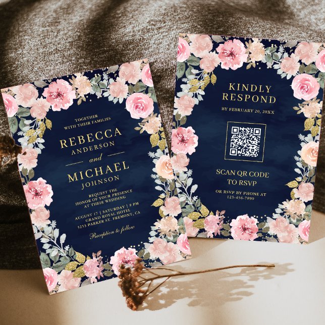 Convite Rosa e Dourado Código QR Floral Azul Marinho Casam (Criador carregado)