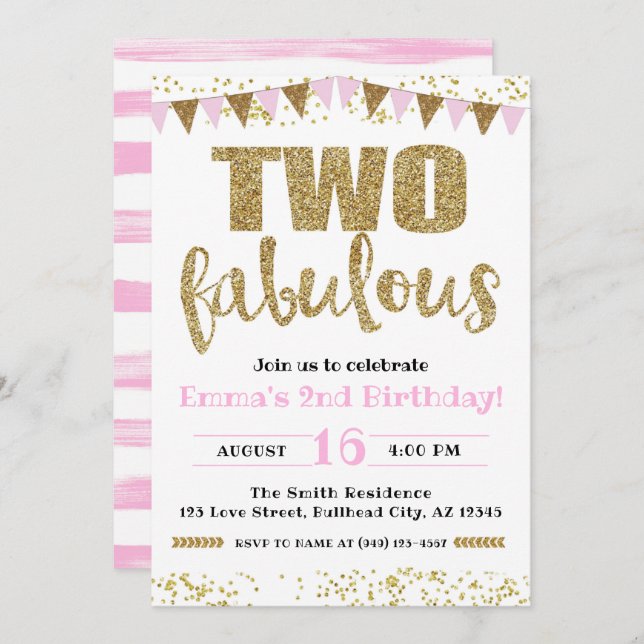 Convite Rosa e Dourado, duas segundos aniversários fabulos (Frente/Verso)