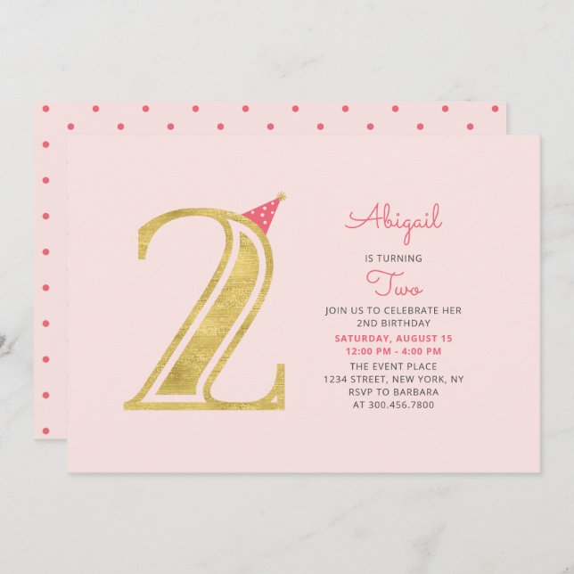 Convite Rosa e Dourado | Festa de segundo aniversário de M (Frente/Verso)